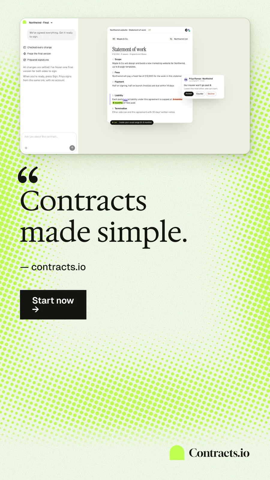 Instagram story for contracts.io: "Contracts made simple." Swiss style, quote layout, light palette in green, white, grey.