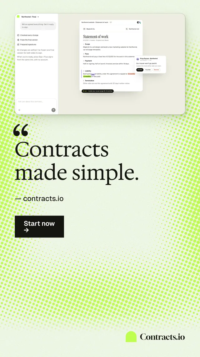 Instagram story for contracts.io: "Contracts made simple." Swiss style, quote layout, light palette in green, white, grey.