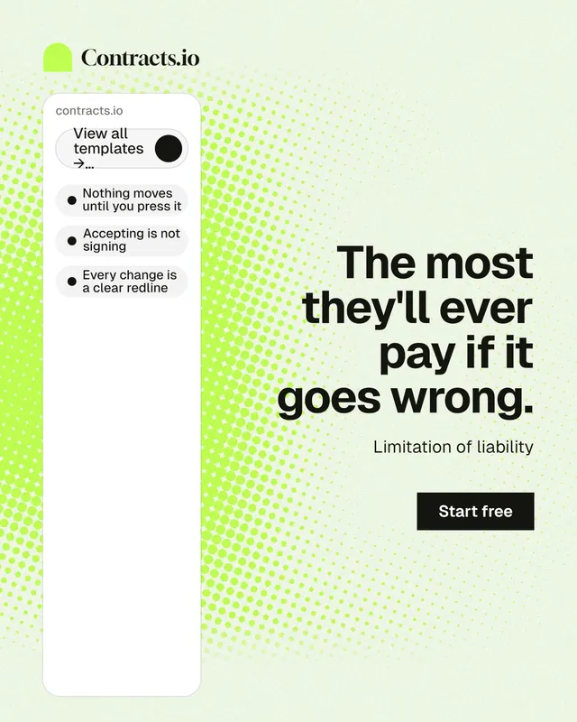 Instagram portrait post for contracts.io: "The most they'll ever pay if it goes wrong." Swiss style, right layout, light palette in white, green, grey.
