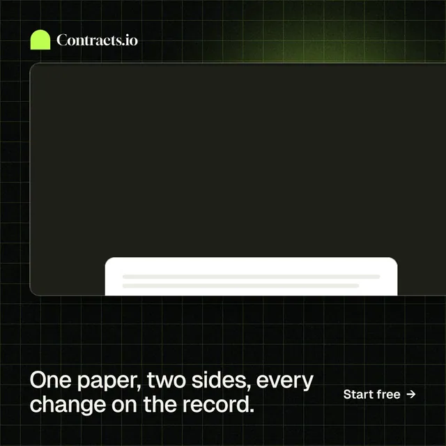 Instagram post for contracts.io: "One paper, two sides, every change on the record." Phosphor atlas style, image led layout, dark palette in black, grey.