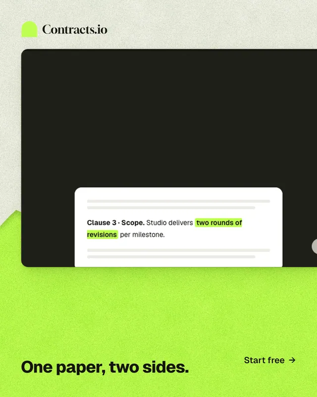Instagram portrait post for contracts.io: "One paper, two sides." Paper trio style, image led layout, light palette in black, green.
