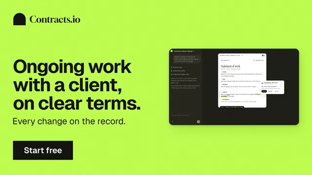 Landscape graphic for contracts.io: "Ongoing work with a client, on clear terms." Swiss style, bottom layout, light palette in green.