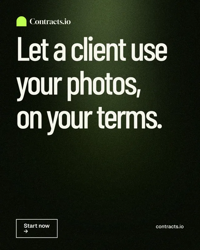 Instagram portrait post for contracts.io: "Let a client use your photos, on your terms." Dark deco style, poster layout, dark palette in black, grey.