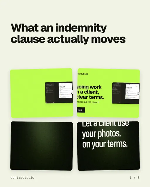 Carousel for contracts.io: "What an indemnity clause actually moves". Collection carousel, 8 slides, light palette.