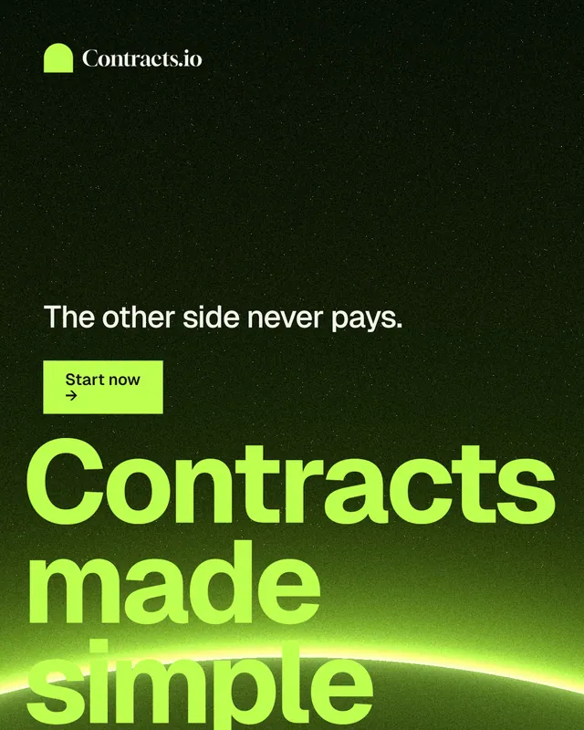 Instagram portrait post for contracts.io: "Contracts made simple." Swiss style, oversized layout, dark palette in green, black.