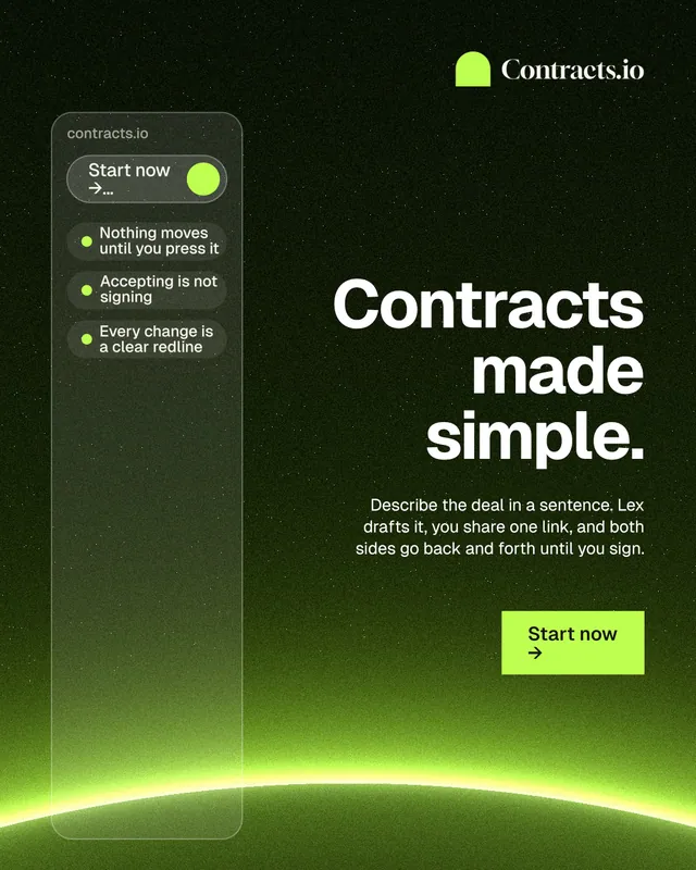 Instagram portrait post for contracts.io: "Contracts made simple." Swiss style, right layout, dark palette in green, black.