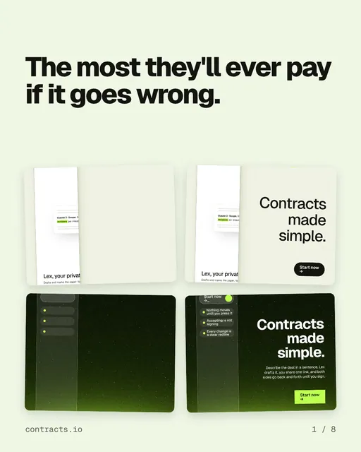 Carousel for contracts.io: "The most they'll ever pay if it goes wrong.". Collection carousel, 8 slides, light palette.