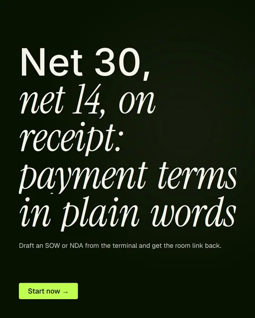 Video for contracts.io: "Net 30, net 14, on receipt: payment terms in plain words". Doc motion loop, 8.0 s, dark palette.