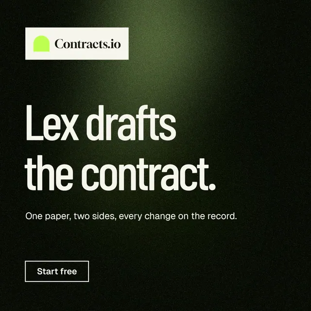 Instagram post for contracts.io: "Lex drafts the contract." Dark deco style, announce layout, dark palette in black, grey.