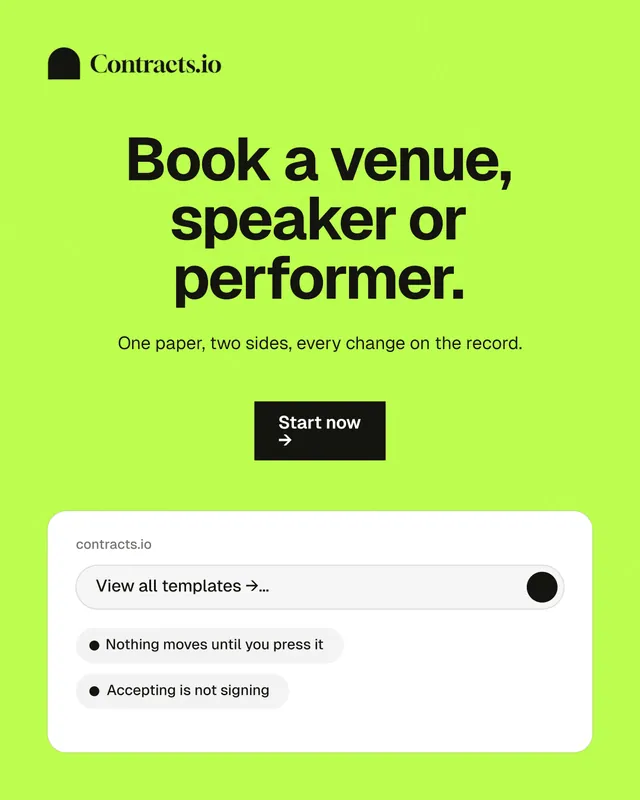 Instagram portrait post for contracts.io: "Book a venue, speaker or performer." Swiss style, centred layout, light palette in green, white.