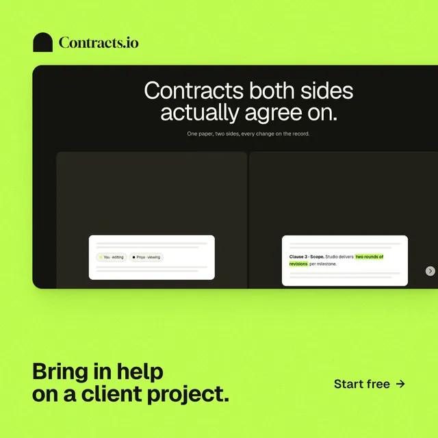 Instagram post for contracts.io: "Bring in help on a client project." Swiss style, image led layout, light palette in green, black.