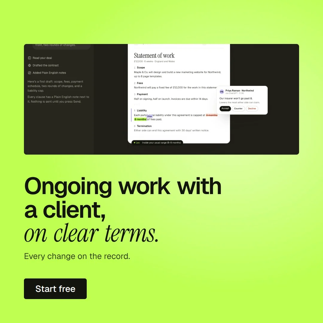 Video for contracts.io: "Ongoing work with a client, on clear terms.". Doc motion loop, 6.0 s, light palette.