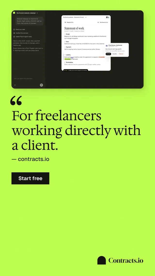 Instagram story for contracts.io: "For freelancers working directly with a client." Swiss style, quote layout, light palette in green.