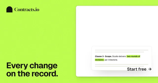 Social ad for contracts.io: "Every change on the record." Swiss style, image led layout, light palette in green, white.