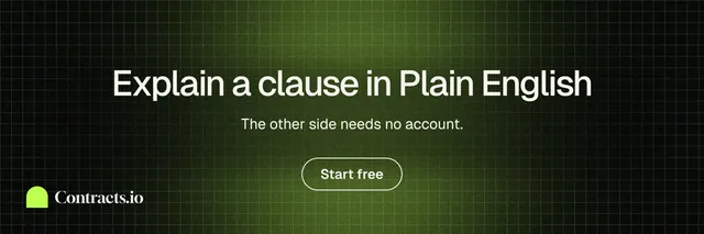 X header for contracts.io: "Explain a clause in Plain English". Phosphor atlas style, centred layout, dark palette in green, black.