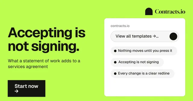 Social ad for contracts.io: "Accepting is not signing." Swiss style, bottom layout, light palette in white, green.