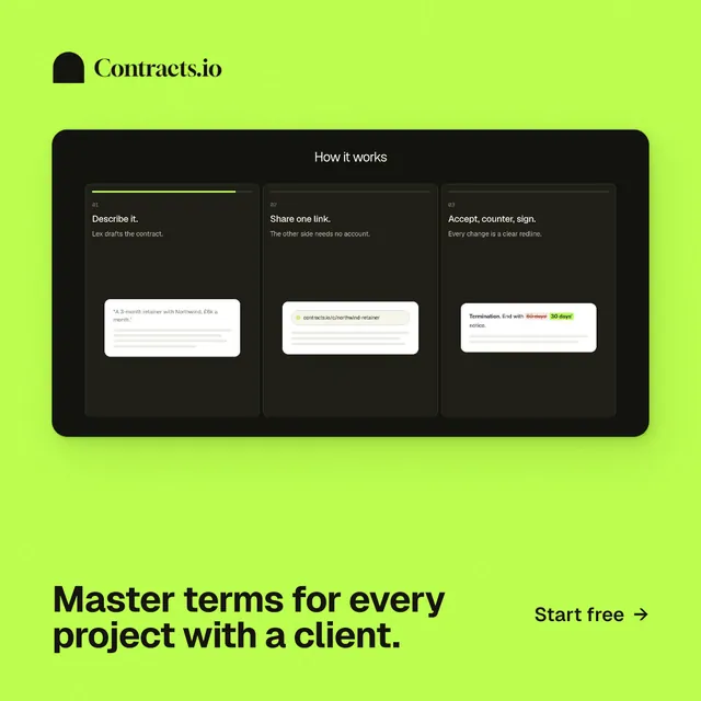 Instagram post for contracts.io: "Master terms for every project with a client." Swiss style, image led layout, light palette in green, black.