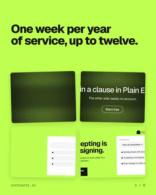 Carousel for contracts.io: "One week per year of service, up to twelve.". Collection carousel, 8 slides, light palette.