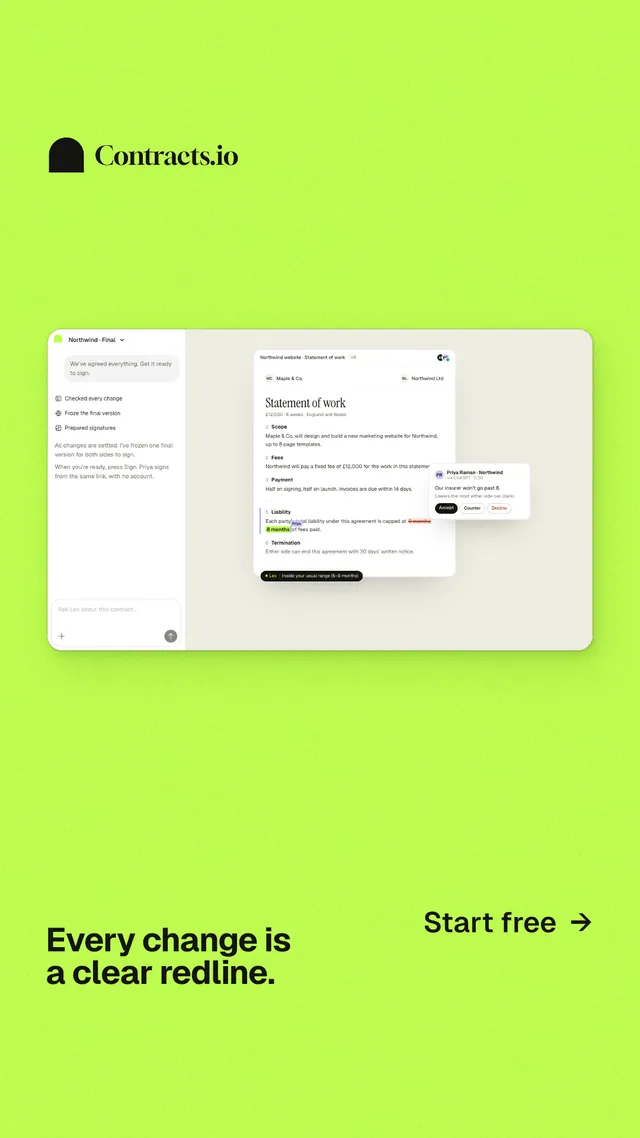 Instagram story for contracts.io: "Every change is a clear redline." Swiss style, image led layout, light palette in green.
