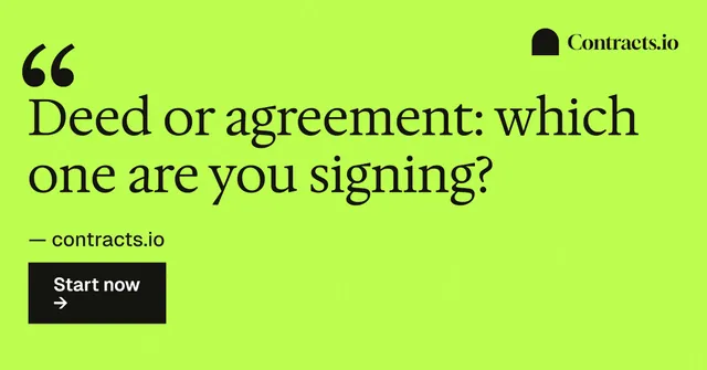 Social ad for contracts.io: "Deed or agreement: which one are you signing?" Swiss style, quote layout, light palette in green.