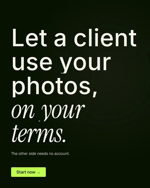 Video for contracts.io: "Let a client use your photos, on your terms.". Doc motion loop, 7.0 s, dark palette.
