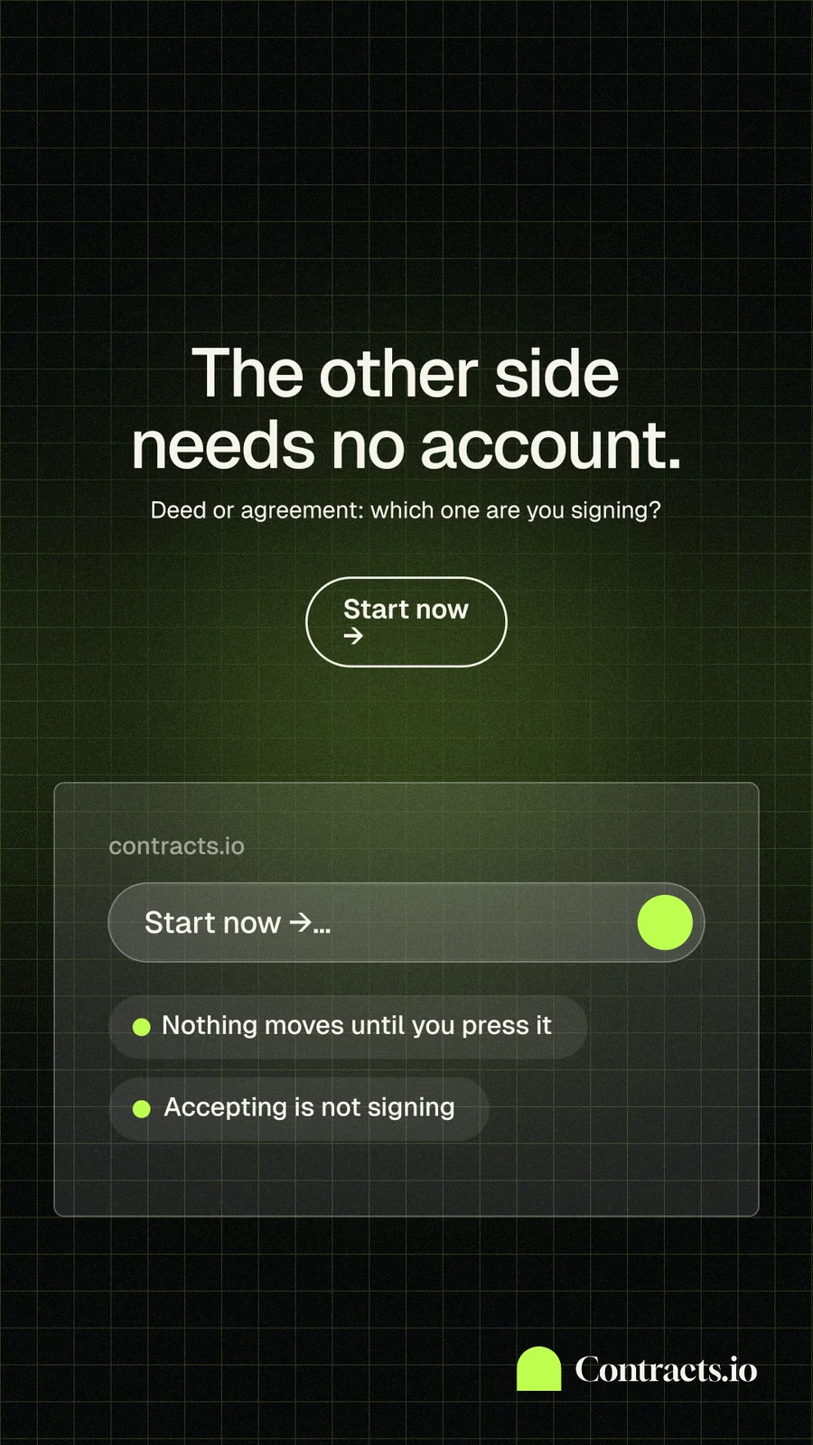 Instagram story for contracts.io: "The other side needs no account." Phosphor atlas style, centred layout, dark palette in green, black, grey.
