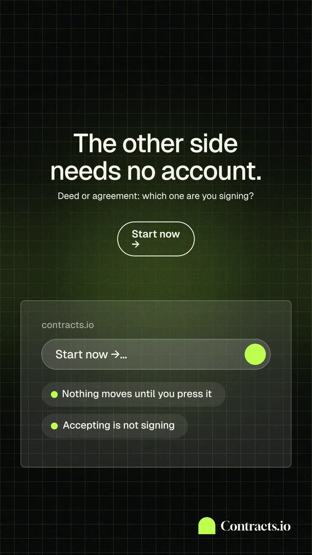 Instagram story for contracts.io: "The other side needs no account." Phosphor atlas style, centred layout, dark palette in green, black, grey.