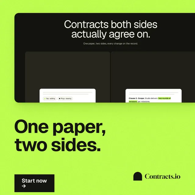 Instagram post for contracts.io: "One paper, two sides." Swiss style, bottom layout, light palette in green, black.