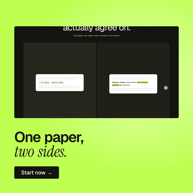Video for contracts.io: "One paper, two sides.". Doc motion loop, 6.0 s, light palette.