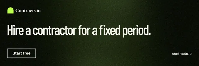 X header for contracts.io: "Hire a contractor for a fixed period." Dark deco style, poster layout, dark palette in black, grey.