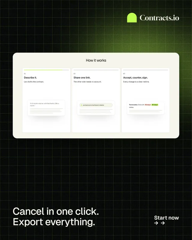 Instagram portrait post for contracts.io: "Cancel in one click. Export everything." Phosphor atlas style, image led layout, dark palette in white, black, grey.