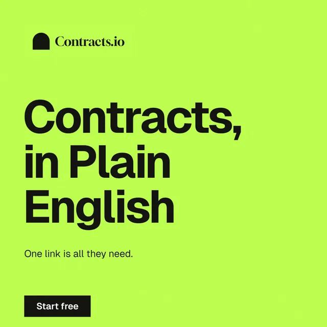 Instagram post for contracts.io: "Contracts, in Plain English". Swiss style, announce layout, light palette in green.