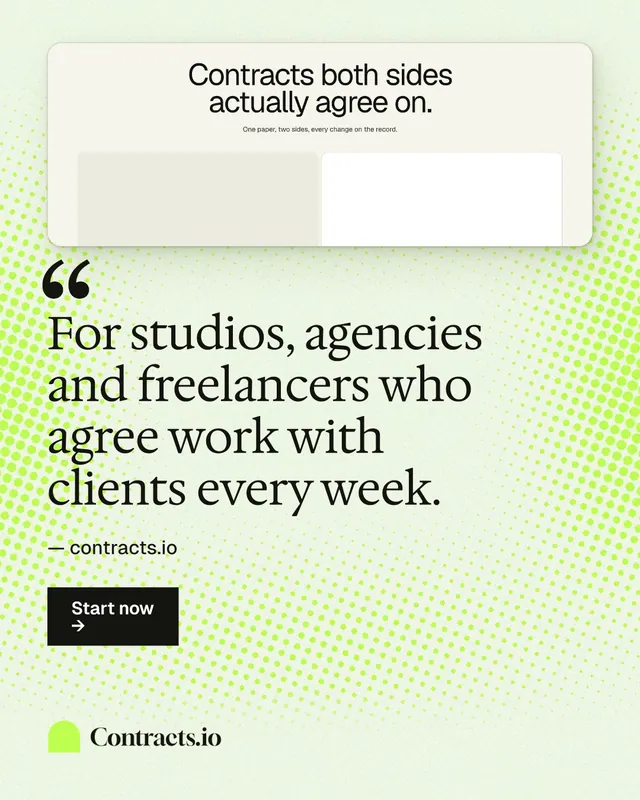 Instagram portrait post for contracts.io: "For studios, agencies and freelancers who agree work with clients every week." Swiss style, quote layout, light palette in white, green, grey.