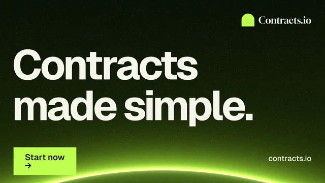 Landscape graphic for contracts.io: "Contracts made simple." Swiss style, poster layout, dark palette in black, green.