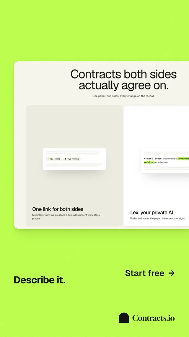 Instagram story for contracts.io: "Describe it." Swiss style, image led layout, light palette in green.