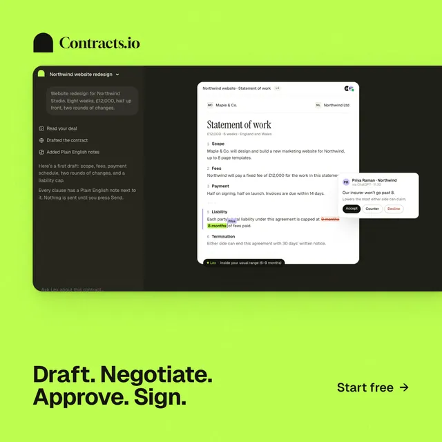 Instagram post for contracts.io: "Draft. Negotiate. Approve. Sign." Swiss style, image led layout, light palette in black, green.