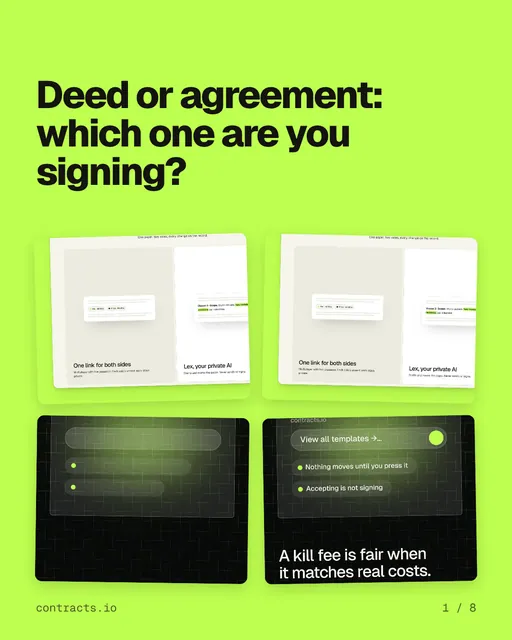 Carousel for contracts.io: "Deed or agreement: which one are you signing?". Collection carousel, 8 slides, light palette.