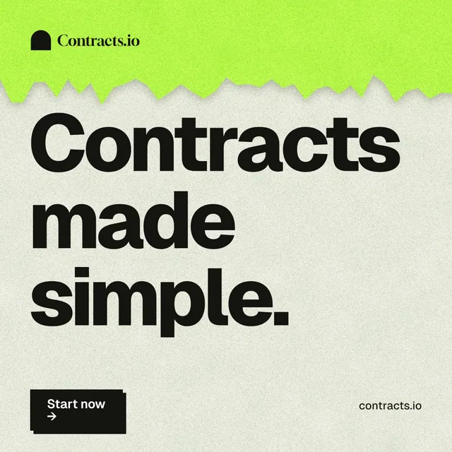 Instagram post for contracts.io: "Contracts made simple." Paper trio style, poster layout, light palette in green, grey.