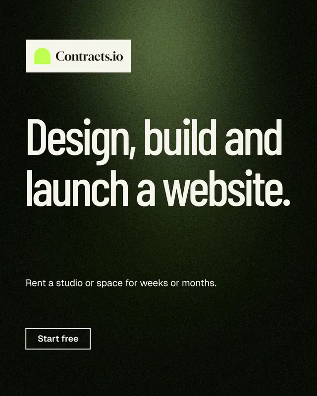 Instagram portrait post for contracts.io: "Design, build and launch a website." Dark deco style, announce layout, dark palette in black, grey.
