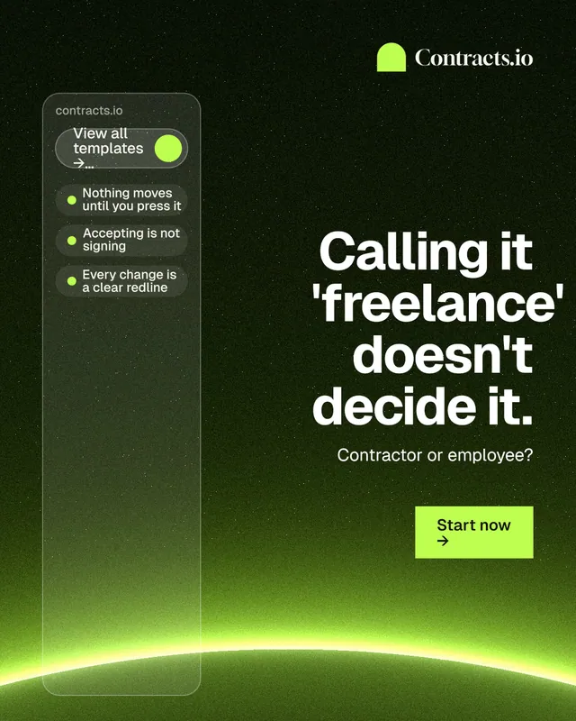 Instagram portrait post for contracts.io: "Calling it 'freelance' doesn't decide it." Swiss style, right layout, dark palette in green, black.
