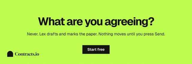 X header for contracts.io: "What are you agreeing?" Swiss style, centred layout, light palette in green.