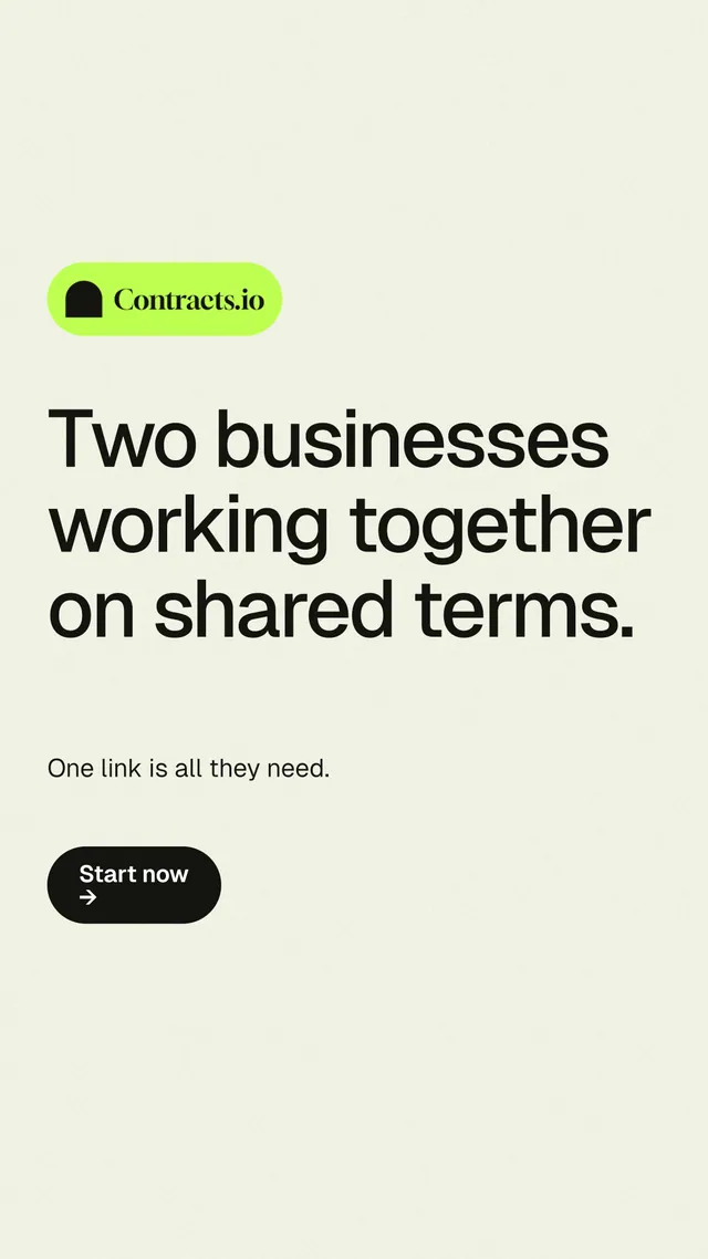 Instagram story for contracts.io: "Two businesses working together on shared terms." Data card style, announce layout, light palette in white, yellow, grey.