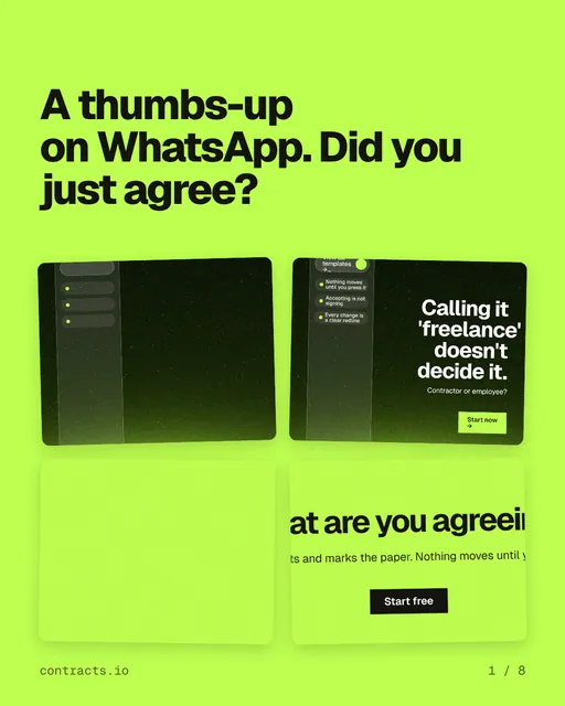 Carousel for contracts.io: "A thumbs-up on WhatsApp. Did you just agree?". Collection carousel, 8 slides, light palette.