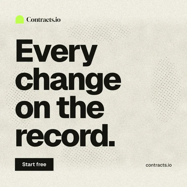 Instagram post for contracts.io: "Every change on the record." Ink sticker style, poster layout, light palette in yellow, grey.