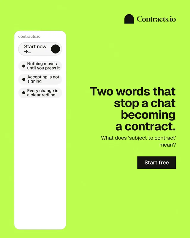 Instagram portrait post for contracts.io: "Two words that stop a chat becoming a contract." Swiss style, right layout, light palette in green, white.