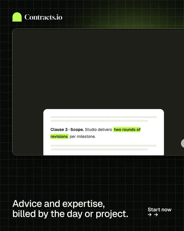 Instagram portrait post for contracts.io: "Advice and expertise, billed by the day or project." Phosphor atlas style, image led layout, dark palette in black, grey.