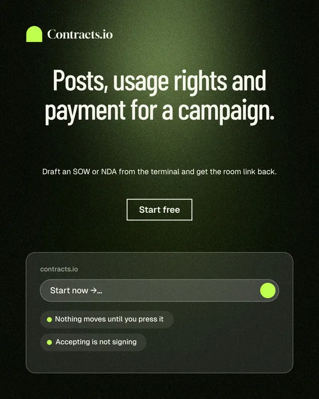 Instagram portrait post for contracts.io: "Posts, usage rights and payment for a campaign." Dark deco style, centred layout, dark palette in green, black, grey.