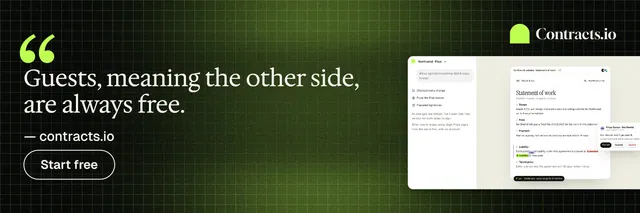 X header for contracts.io: "Guests, meaning the other side, are always free." Phosphor atlas style, quote layout, dark palette in black, white, green.