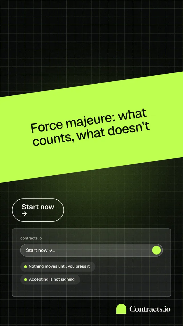 Instagram story for contracts.io: "Force majeure: what counts, what doesn't". Phosphor atlas style, diagonal layout, dark palette in black, green.