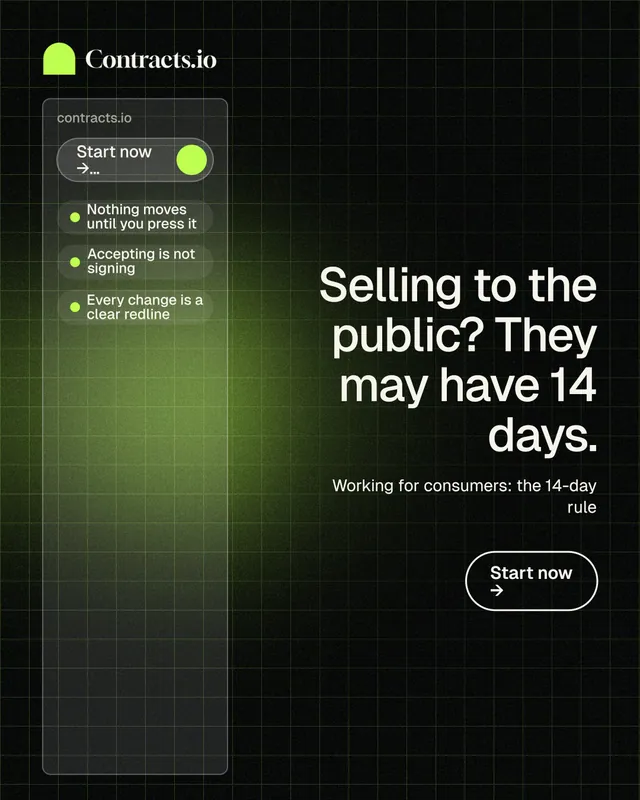 Instagram portrait post for contracts.io: "Selling to the public? They may have 14 days." Phosphor atlas style, right layout, dark palette in black, green.